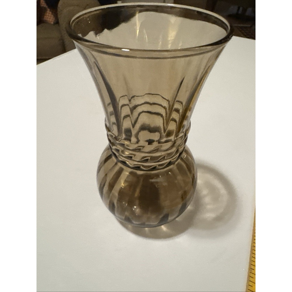 Indiana Glass Smoky Glass Optic Swirl Rope Twist Vase 6.5" Vintage MCM 60s 70s